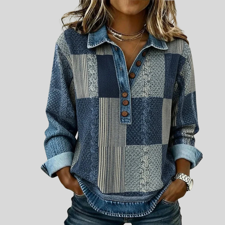 Willa | Patchwork Denim-Effect Button Sweater