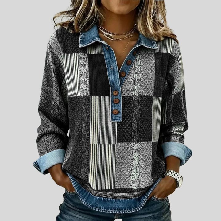 Willa | Patchwork Denim-Effect Button Sweater