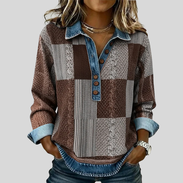 Willa | Patchwork Denim-Effect Button Sweater