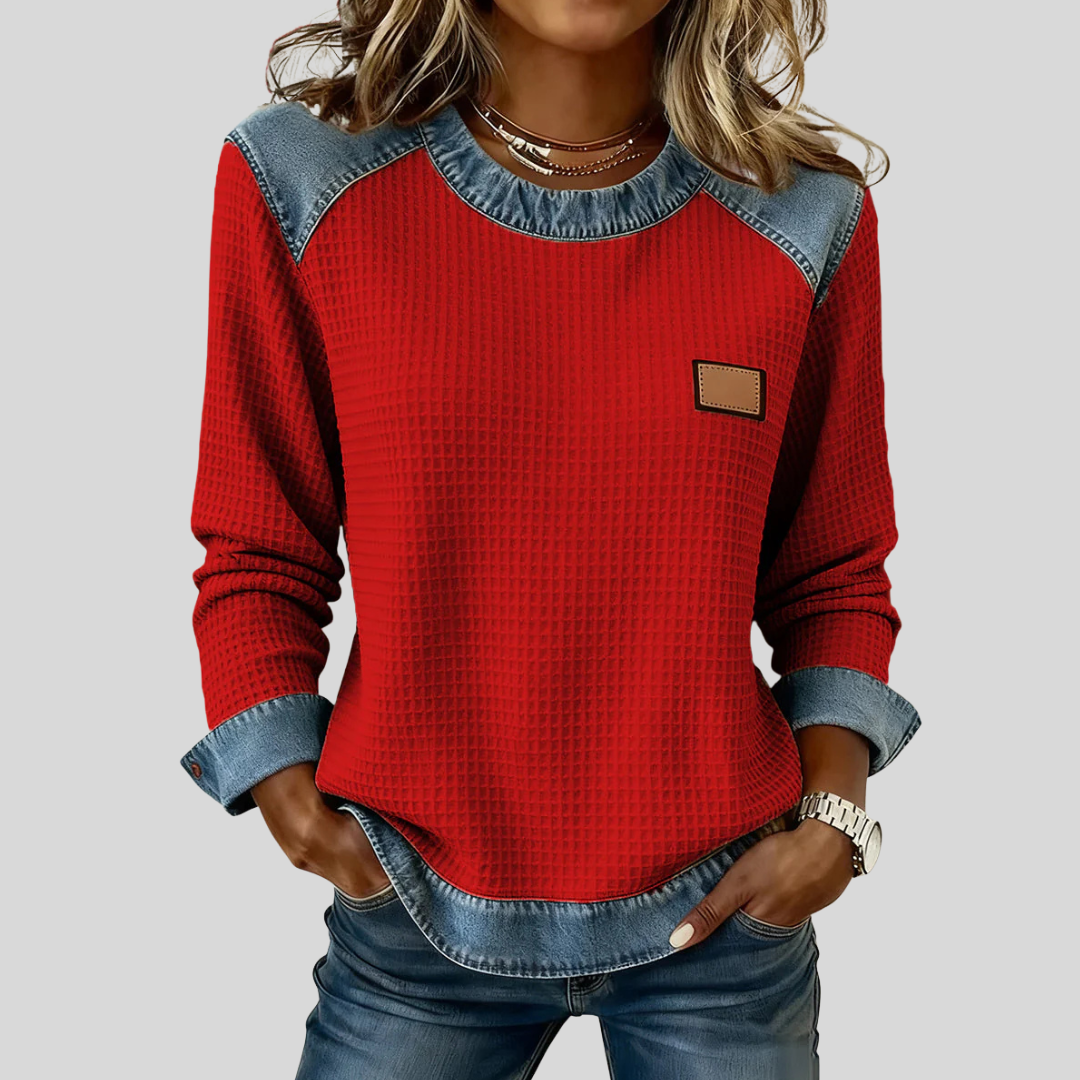 June | Waffle Sweatshirt with Denim-Effect Trim