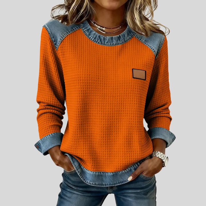 June | Waffle Sweatshirt with Denim-Effect Trim