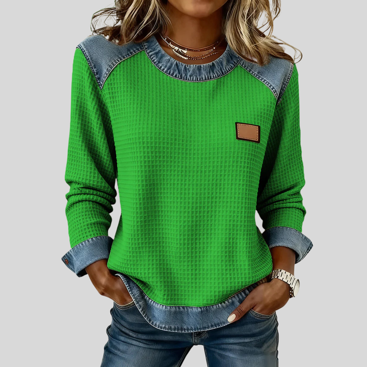 June | Waffle Sweatshirt with Denim-Effect Trim