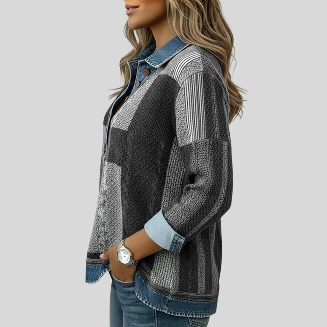 Willa | Patchwork Denim-Effect Button Sweater