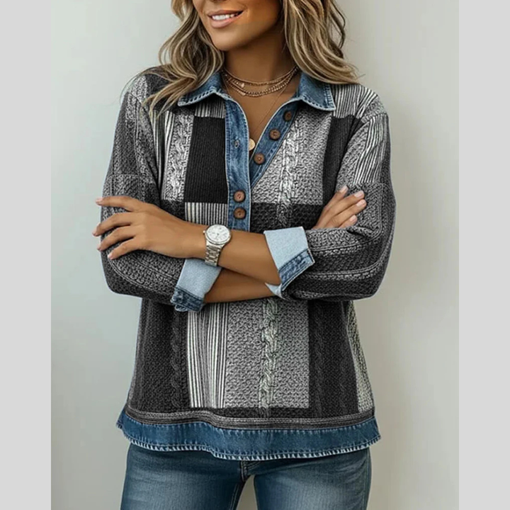 Willa | Patchwork Denim-Effect Button Sweater