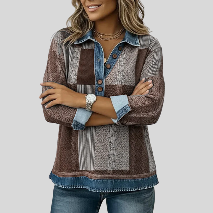 Willa | Patchwork Denim-Effect Button Sweater