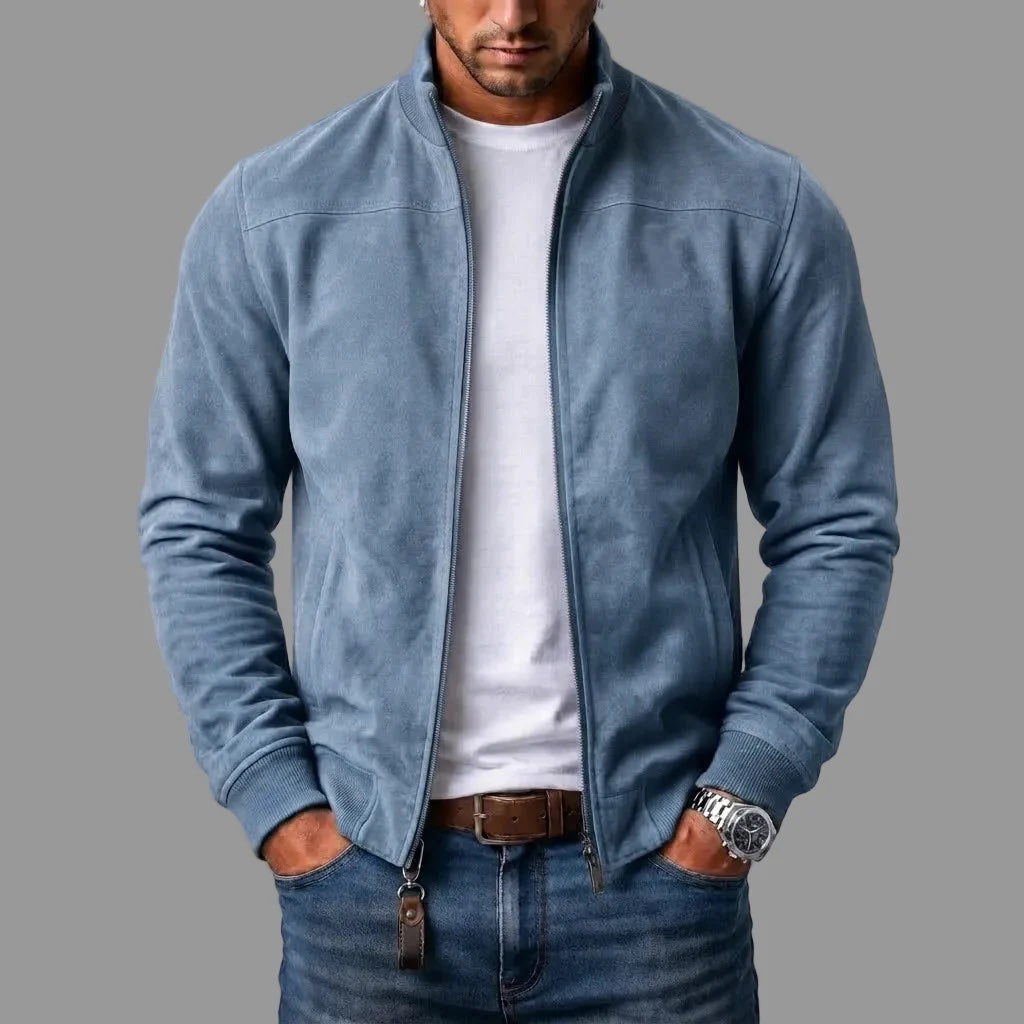 Gordon Suede-Look Bomber Jacket in Sky Blue