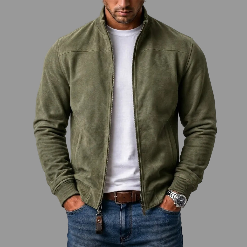 Gordon Suede-Look Bomber Jacket in Olive Green