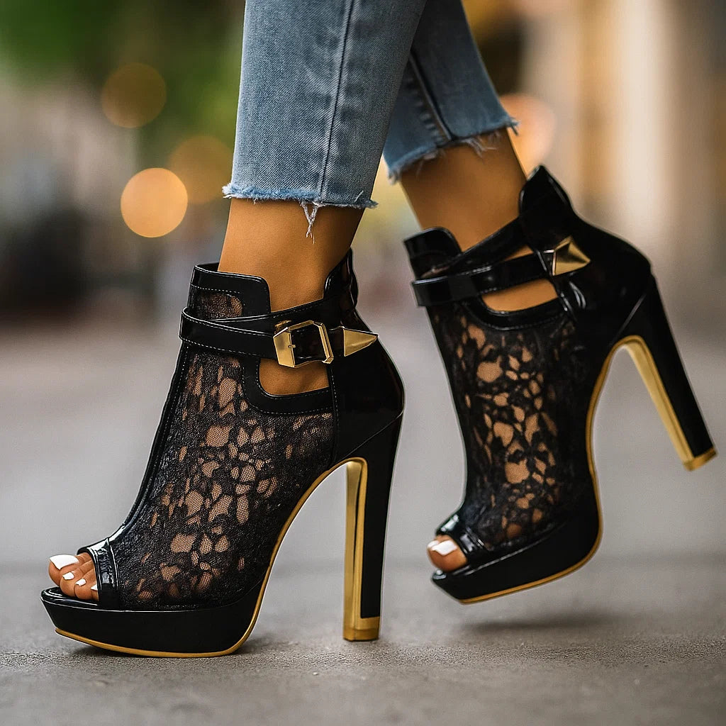 Beatrice | Lace-Pattern Ankle Strap Heels