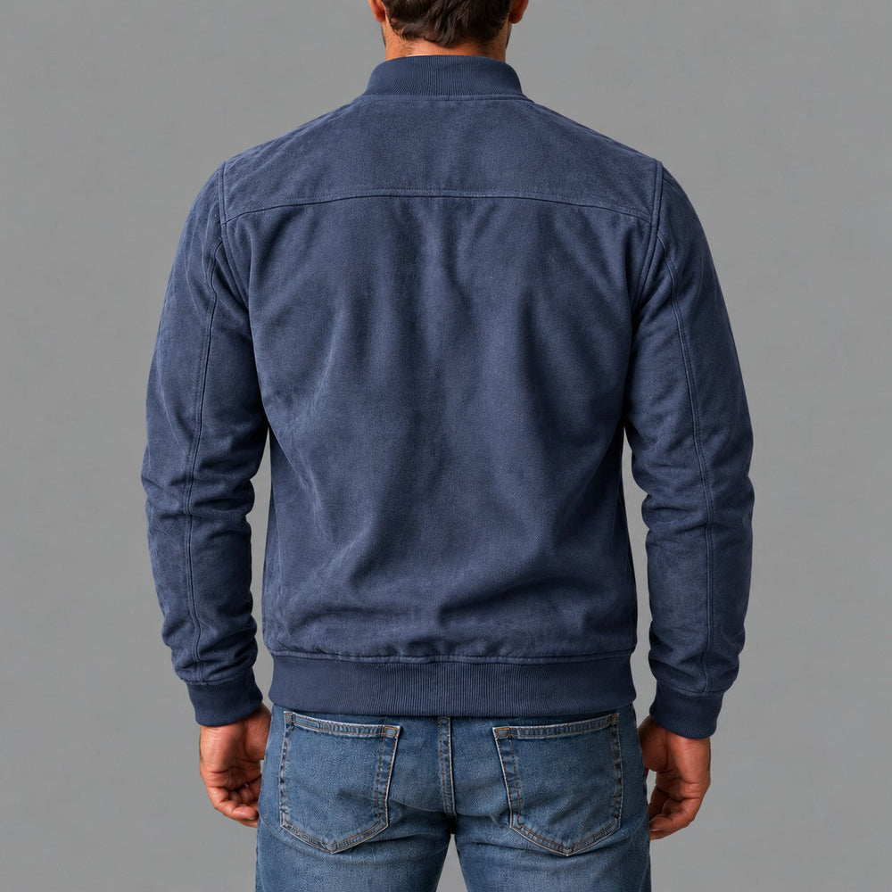 Gordon Suede-Look Bomber Jacket in Dark Blue - back view