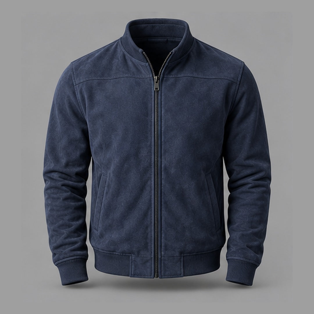 Gordon Suede-Look Bomber Jacket in Dark Blue - front view