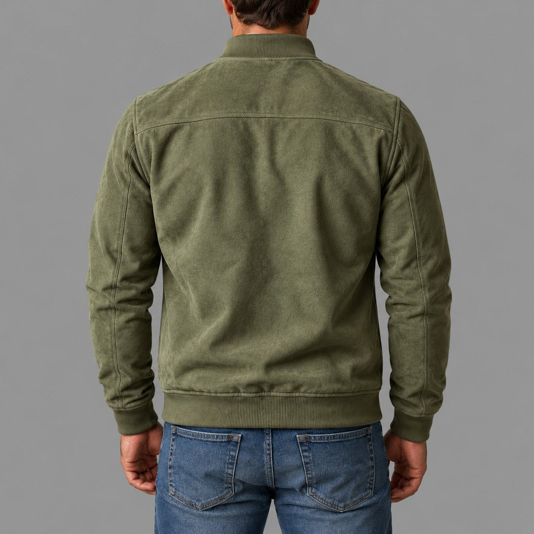 Gordon Suede-Look Bomber Jacket in Olive Green - back view