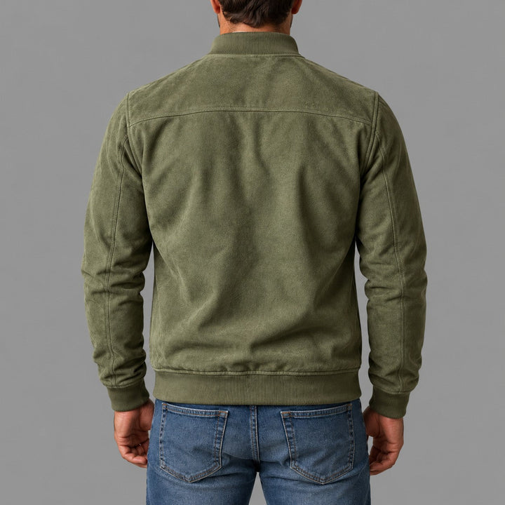 Gordon Suede-Look Bomber Jacket in Olive Green - back view