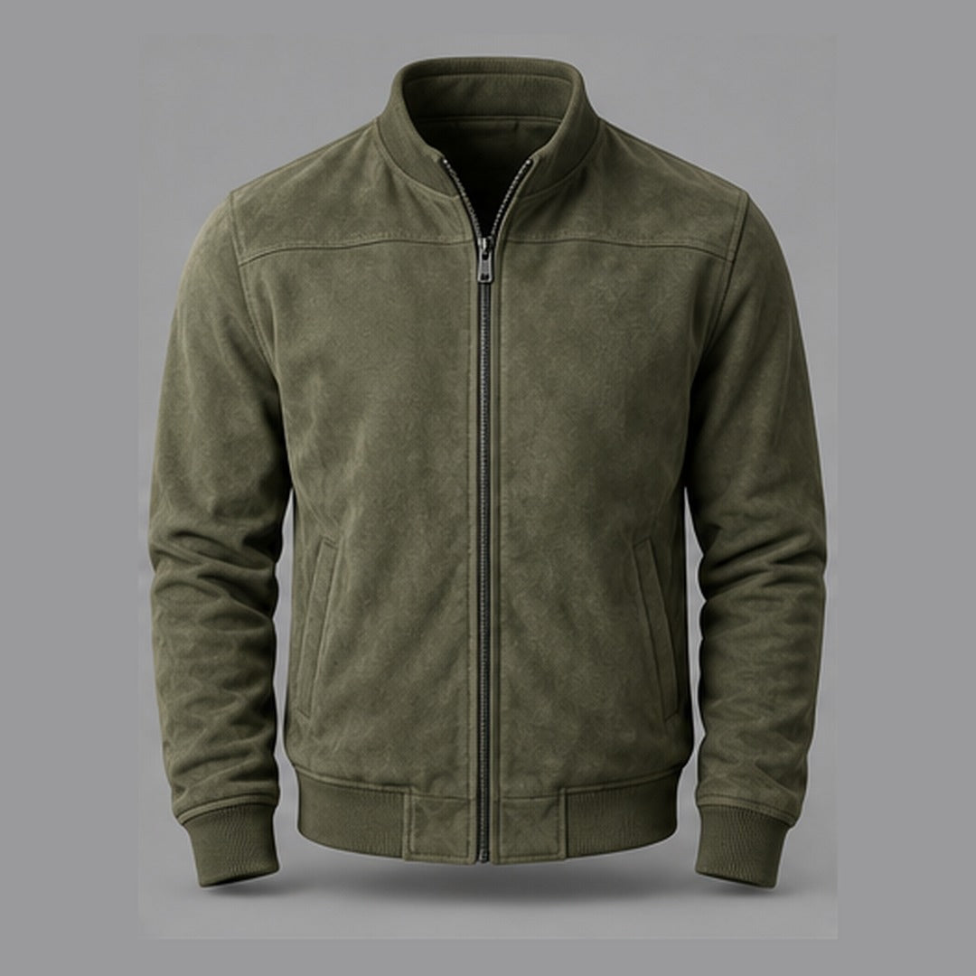 Gordon Suede-Look Bomber Jacket in Olive Green - front view