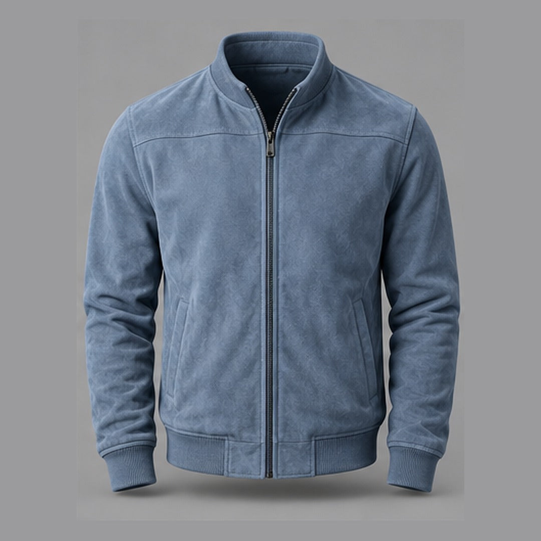 Gordon Suede-Look Bomber Jacket in Sky Blue - front view