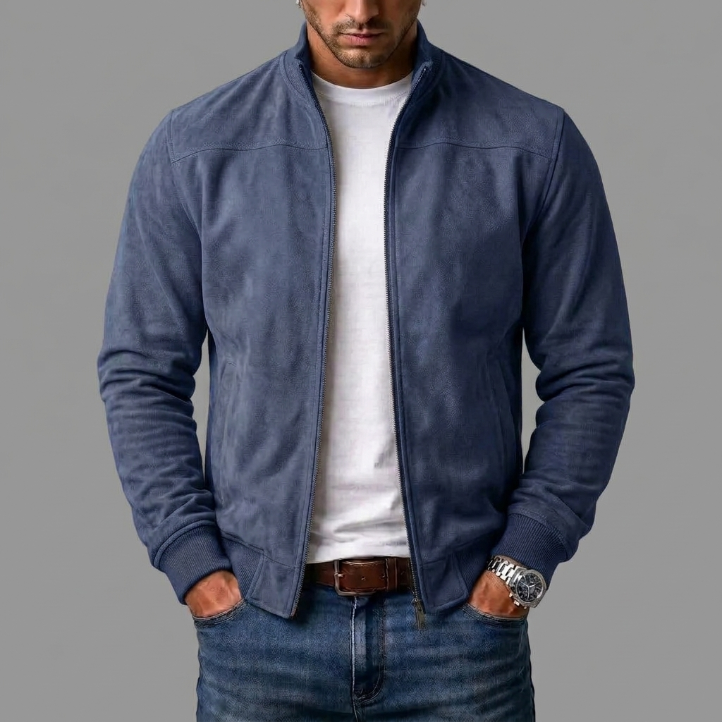 Gordon Suede-Look Bomber Jacket in Dark Blue